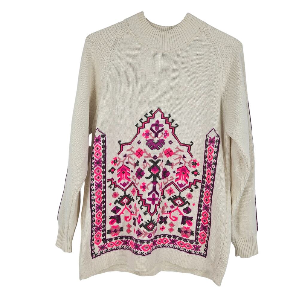 Vintage 70s Sweater Cream Pink wool Blend Southwestern Balkan Pullover Size L